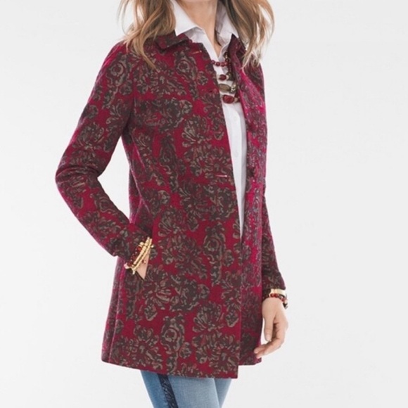 New Chico’s Red Floral Jacquard Topper Jacket Coat Button Front Size 3/Large-16 - Picture 2 of 16